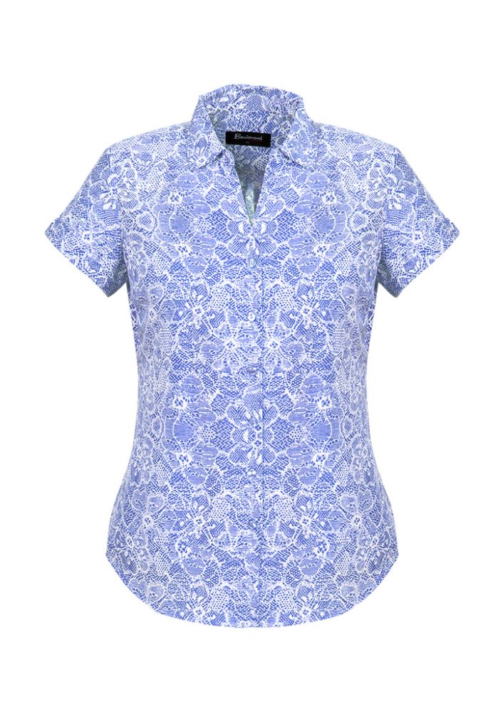 Patriot Blue semi-fitted short sleeve shirt for women, featuring soft touch polyester and elegant pleat details.