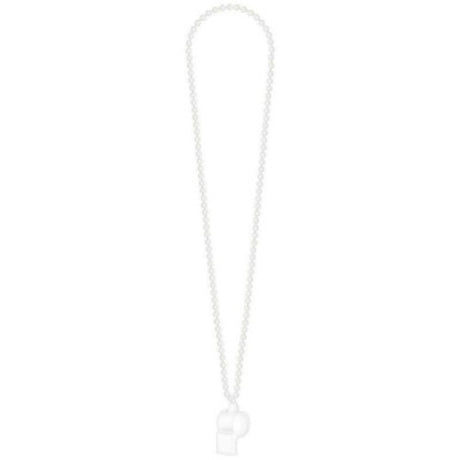 Sleek white whistle pendant on a 36-inch chain, blending contemporary style with playful charm in a unique necklace.