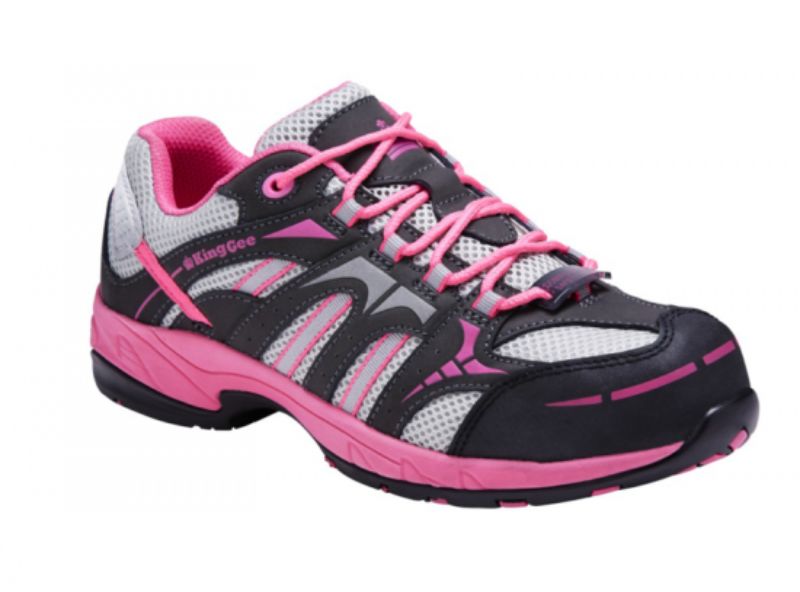 KingGee Women's Pink/Grey safety shoes, breathable mesh, slip-resistant, lightweight, broad composite toe cap, size 10.
