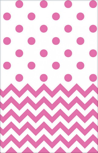 Bright pink chevron plastic tablecover, 54" x 102", perfect for events, protects tables, easy to clean, adds vibrant flair.