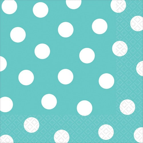 Robin's-Egg blue paper lunch napkins with polka dots, perfect for parties and gatherings, pack of 16, 33cm x 33cm.