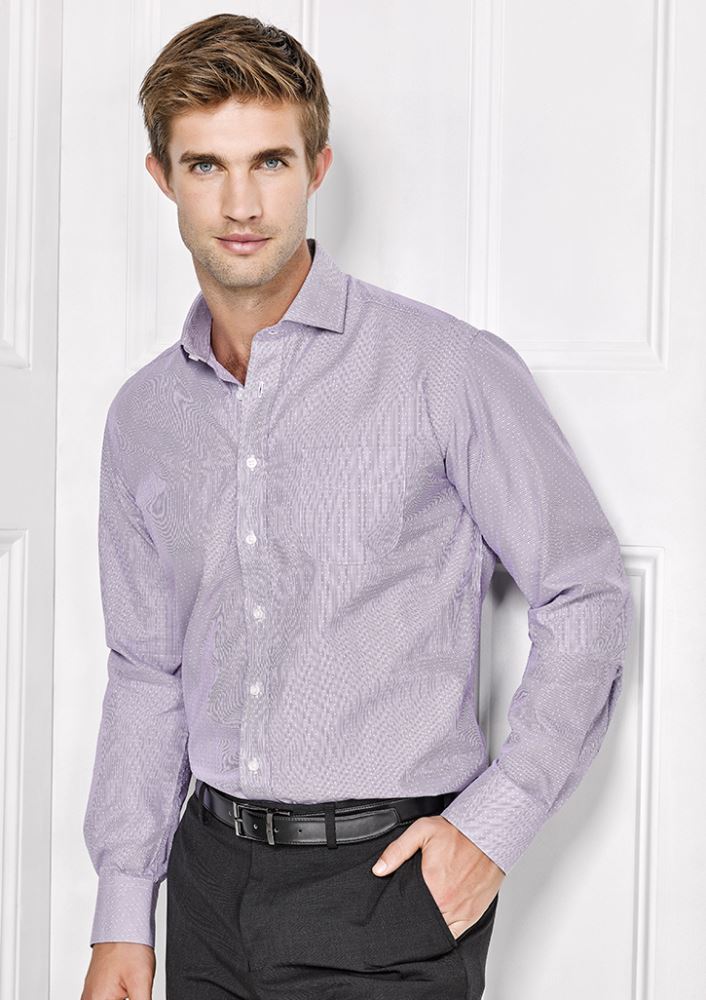 Calais Mens Long Sleeve Shirt in Purple Reign, 5XL, featuring an executive fit, fine stripes, and elegant cuff details.
