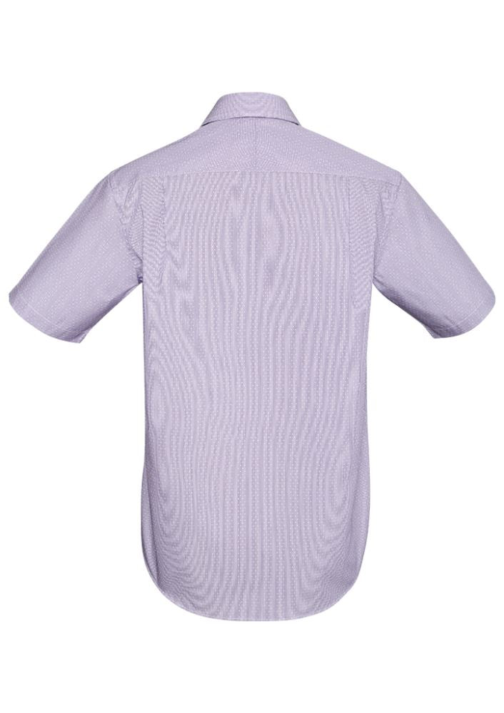 Calais Men's Short Sleeve Shirt in Purple Reign, featuring premium fabric, executive-fit, and stylish stripe details.