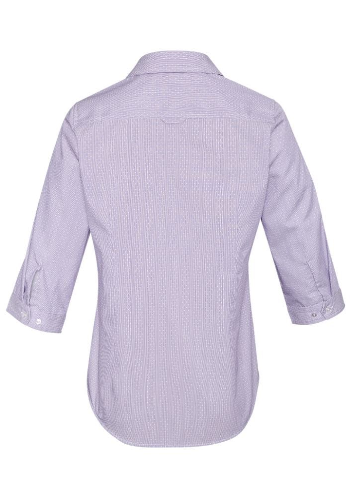 Stylish Calais Ladies 3/4 Sleeve Shirt in Purple Reign, featuring fine stripe fabric and vented cuffs for comfort and elegance.