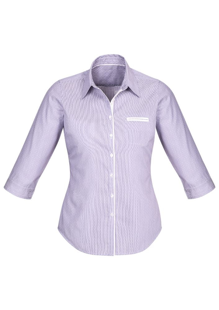 Calais Ladies 3/4 Sleeve Shirt in Purple Reign, showcasing fine stripes and a stylish, semi-fitted design for versatile wear.