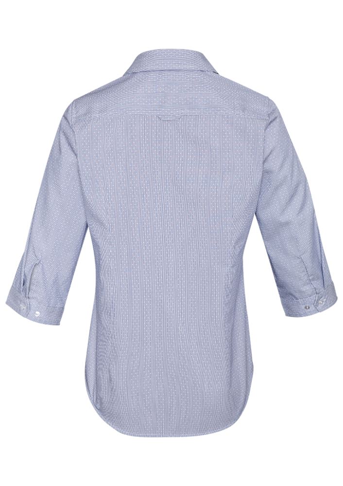 Turkish Blue 3/4 sleeve ladies shirt with semi-fitted silhouette, fine stripe trim, perfect for casual or professional wear.