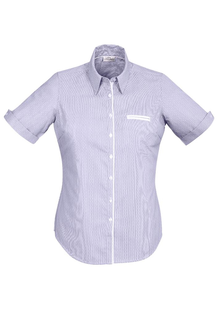 Calais Ladies Short Sleeve Shirt in Purple Reign, featuring a semi-fitted design, vented cuffs, and elegant textured trim.