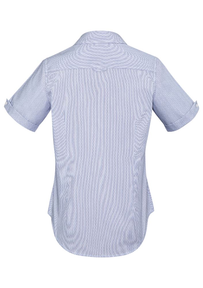 Semi-fitted Turkish Blue short sleeve shirt with fine stripe texture and dobby cotton blend, available in size 18.