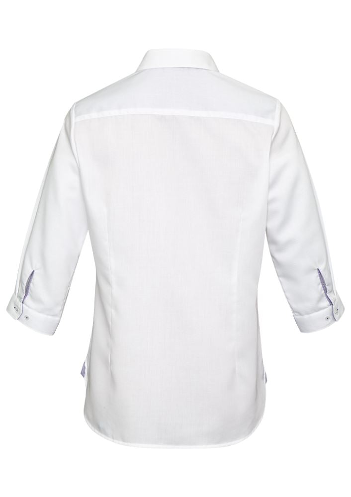 Herne Bay Ladies 3/4 Sleeve Shirt in White and Purple, featuring a semi-fitted design and elegant trim details for versatile style.