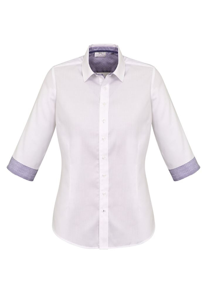 Herne Bay Ladies 3/4 Sleeve Shirt in White/Purple Reign, featuring a semi-fitted style and elegant trim details. Size 16.