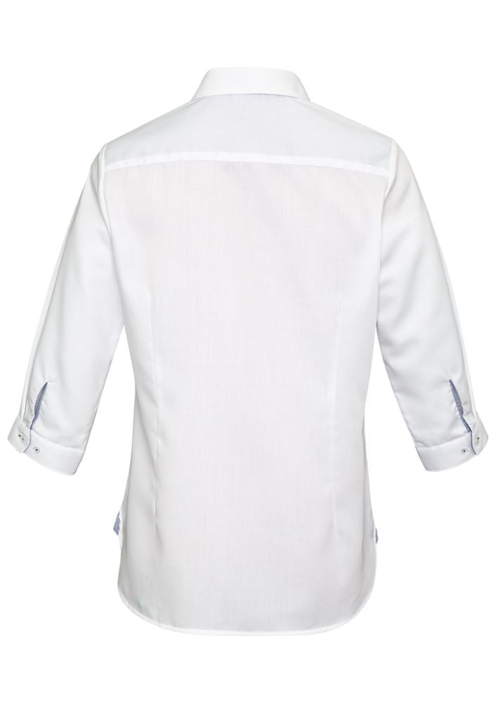Herne Bay Ladies 3/4 Sleeve Shirt in White and Turkish Blue, featuring semi-fitted design, soft textured fabric, and elegant trim details.