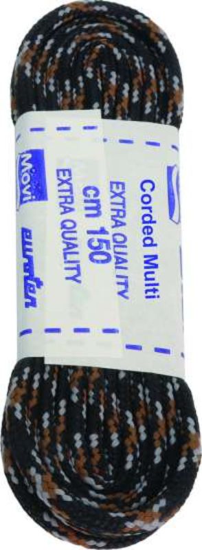 Multi-coloured corded round laces, 150cm long, ideal for upgrading hiking or work boots with durability and style.