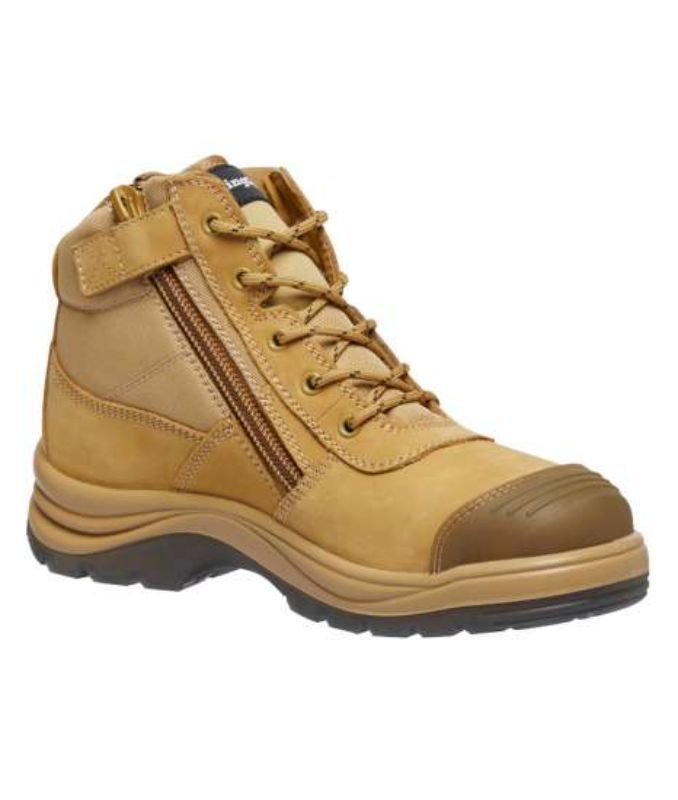 KingGee Tradie Zip Sided Wheat Safety Boots, size 6, featuring steel toe protection, water-resistant leather, and comfort technology.