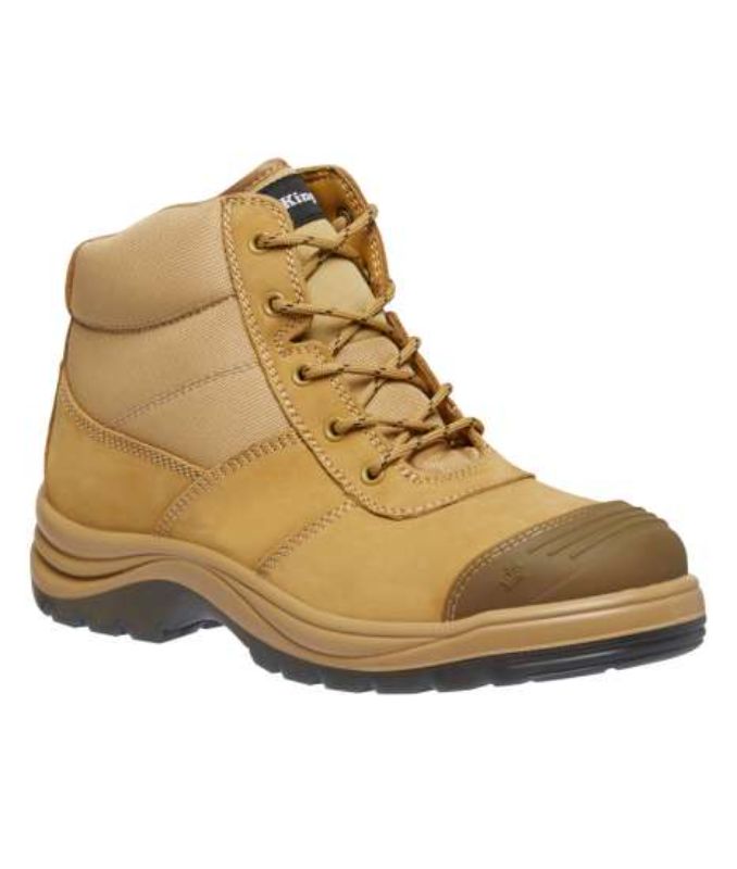 KingGee Tradie Zip Sided Wheat Safety Boots in size 6 with steel toe, zip side, and moisture-wicking lining for comfort and protection.