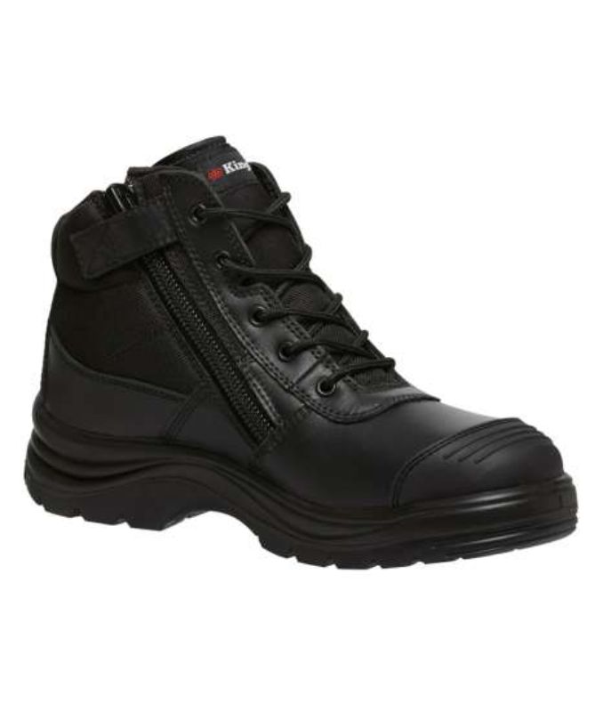 Black KingGee Tradie Zip Sided Safety Boots size 6 with steel toe, water-resistant leather, and breathable nylon uppers for durability.