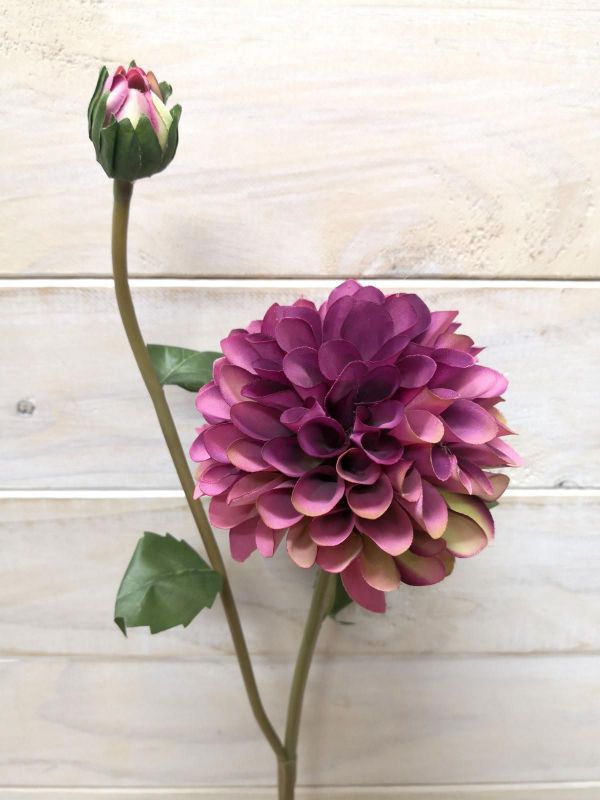 Purple faux dahlia stem with bud, designed for elegant home decor, maintenance-free and perfect for any floral arrangement.