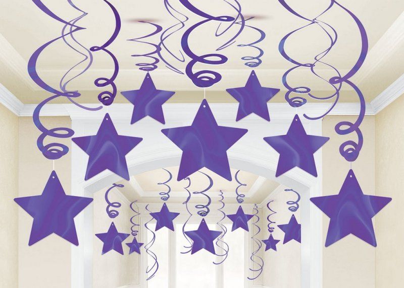 Purple Shooting Stars swirl decorations pack of 30, featuring dynamic 18" and 24" foil designs for celestial-themed parties.