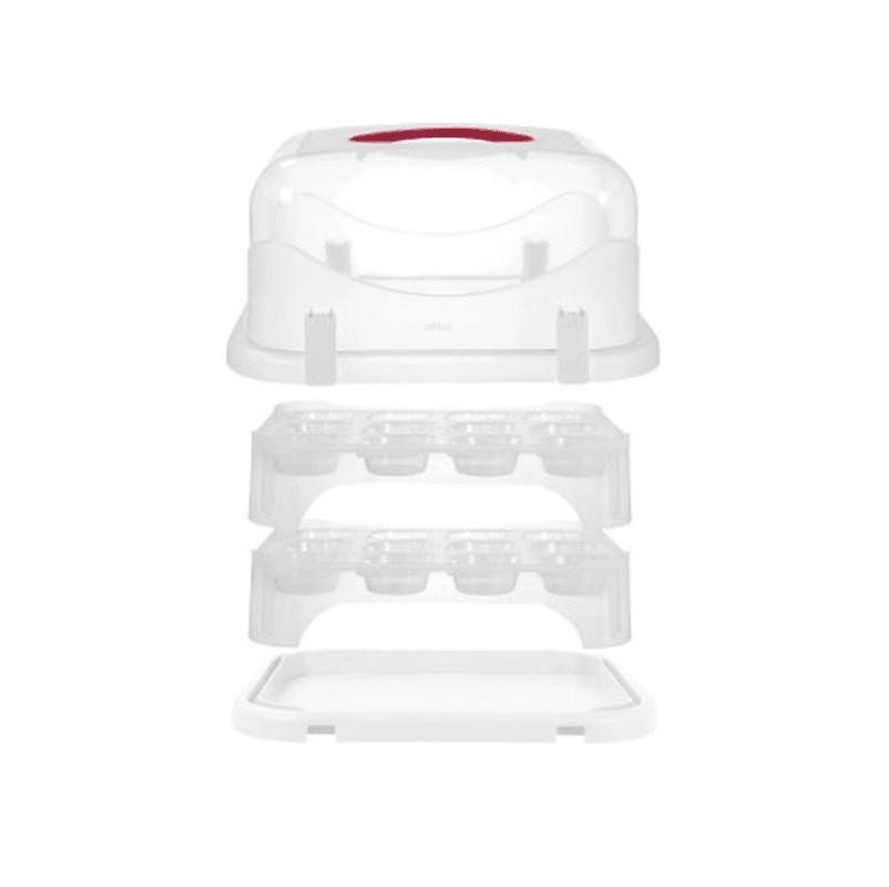 Avanti Universal Rect Cake Carrier 24, a clear two-tier holder for cakes or 24 cupcakes with removable inserts and secure latches.