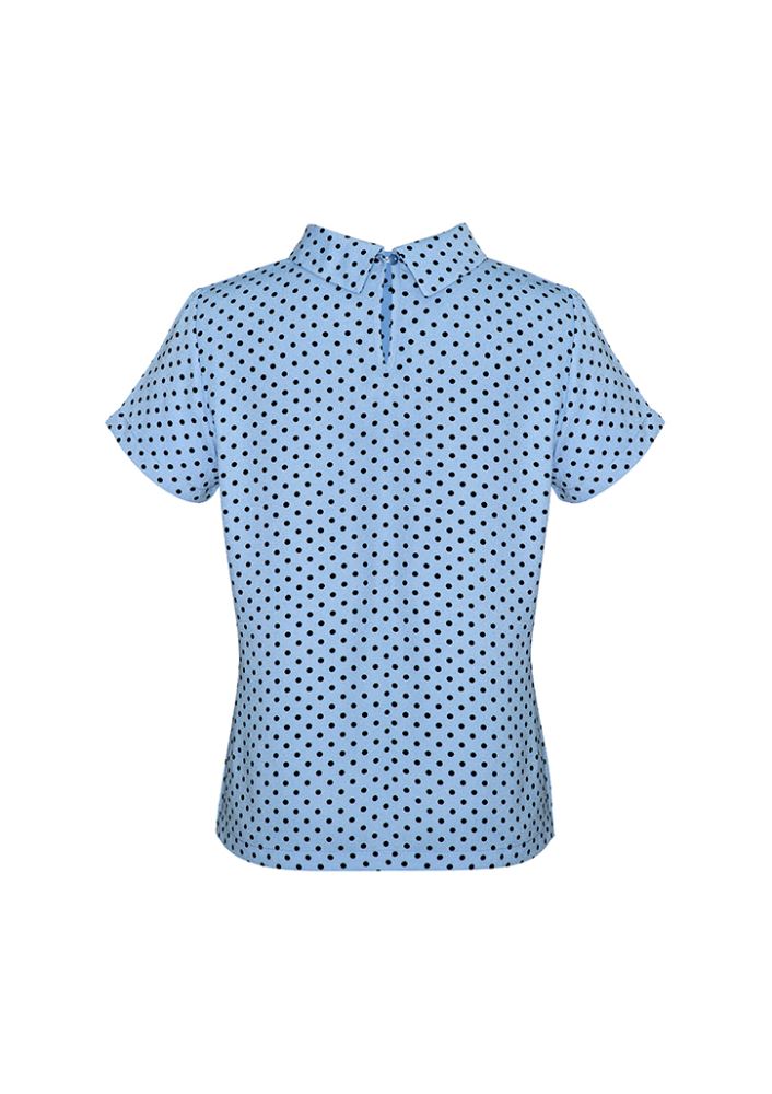 Lila Ladies Short Sleeve Top in blue with roll neck and keyhole back, crafted from soft fine crepe polyester.