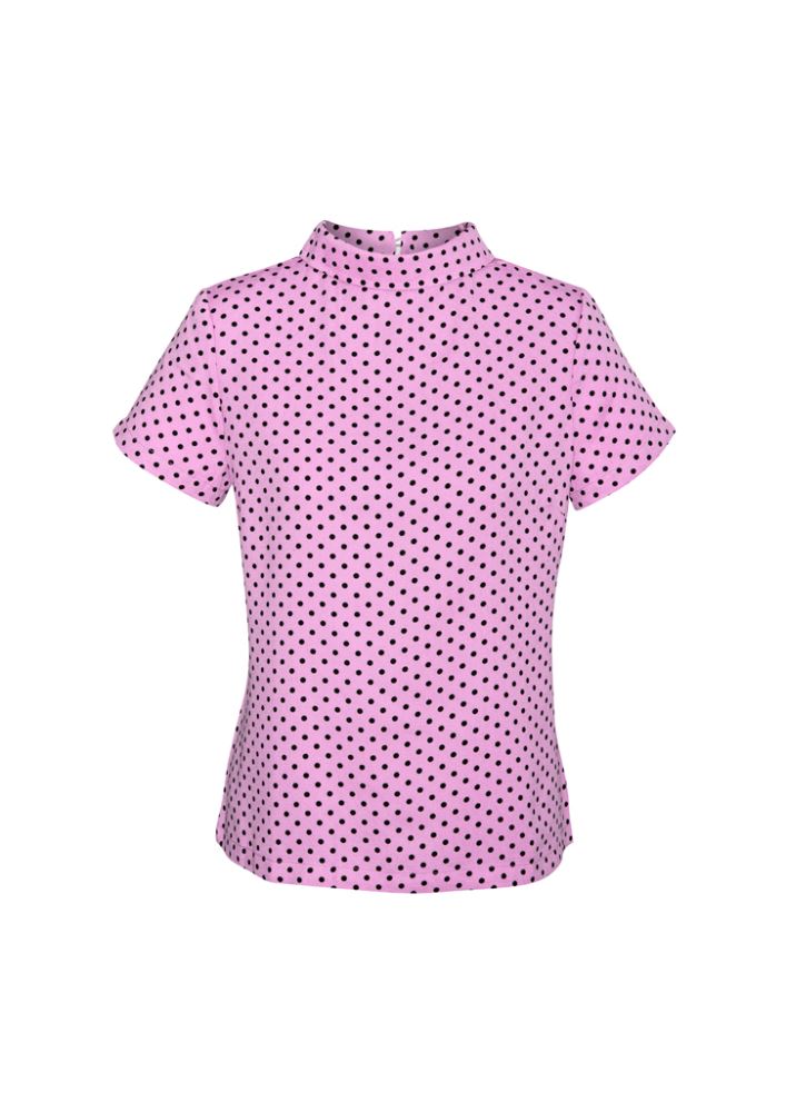 Pink Lila Ladies Short Sleeve Top in size 4 featuring a semi-fitted roll neck, keyhole back, and soft crepe spot design.