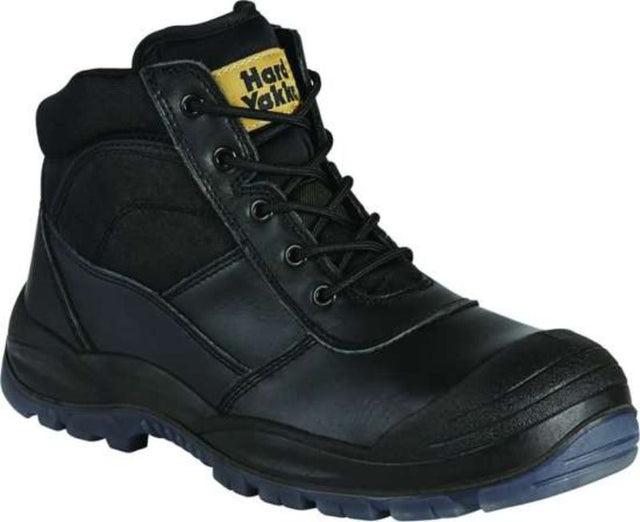 Durable black utility boot featuring steel toe cap, memory foam comfort, and slip-resistant outsole, designed for size 14.