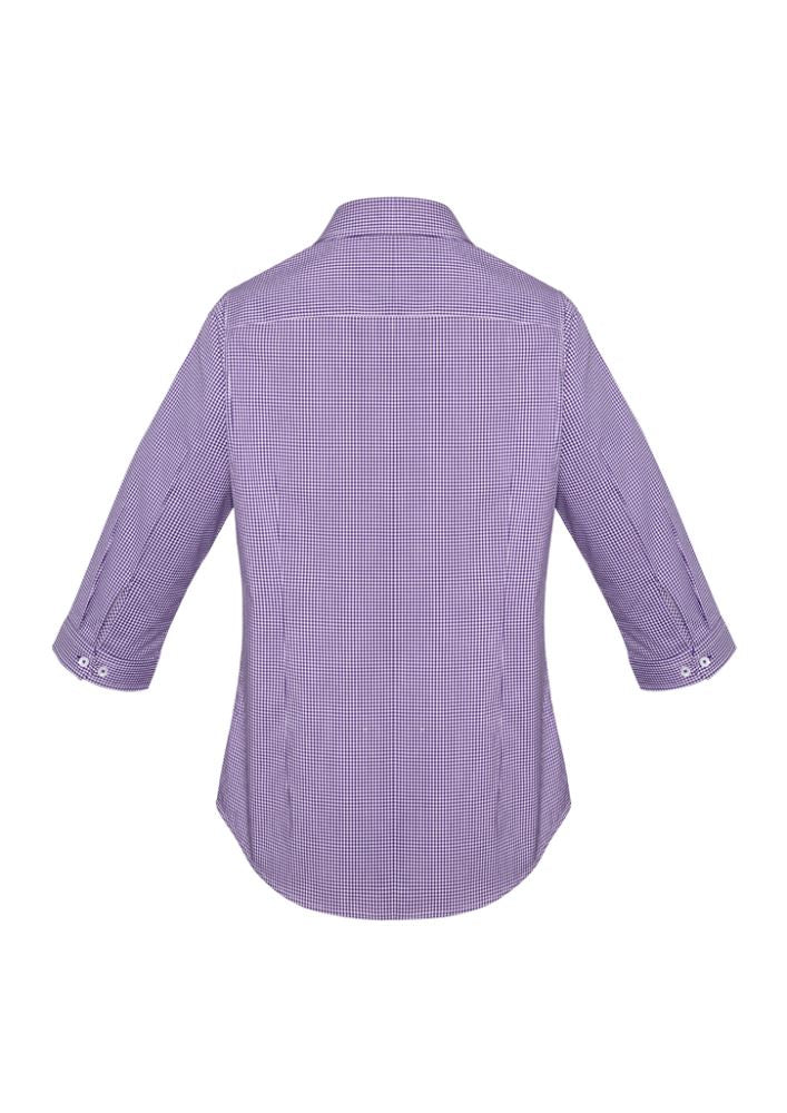 Elegant purple 3/4 sleeve shirt for women, featuring a semi-fitted design, yarn-dyed check pattern, and concealed button front.