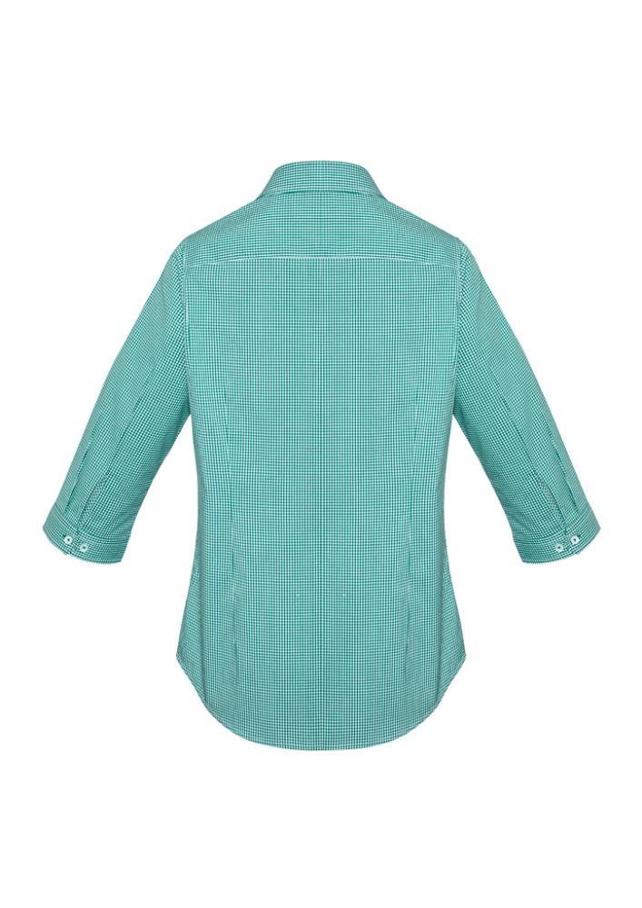 Eden Green 3/4 sleeve shirt for women, featuring a chic check pattern and comfortable stretch fabric, ideal for casual or professional wear.