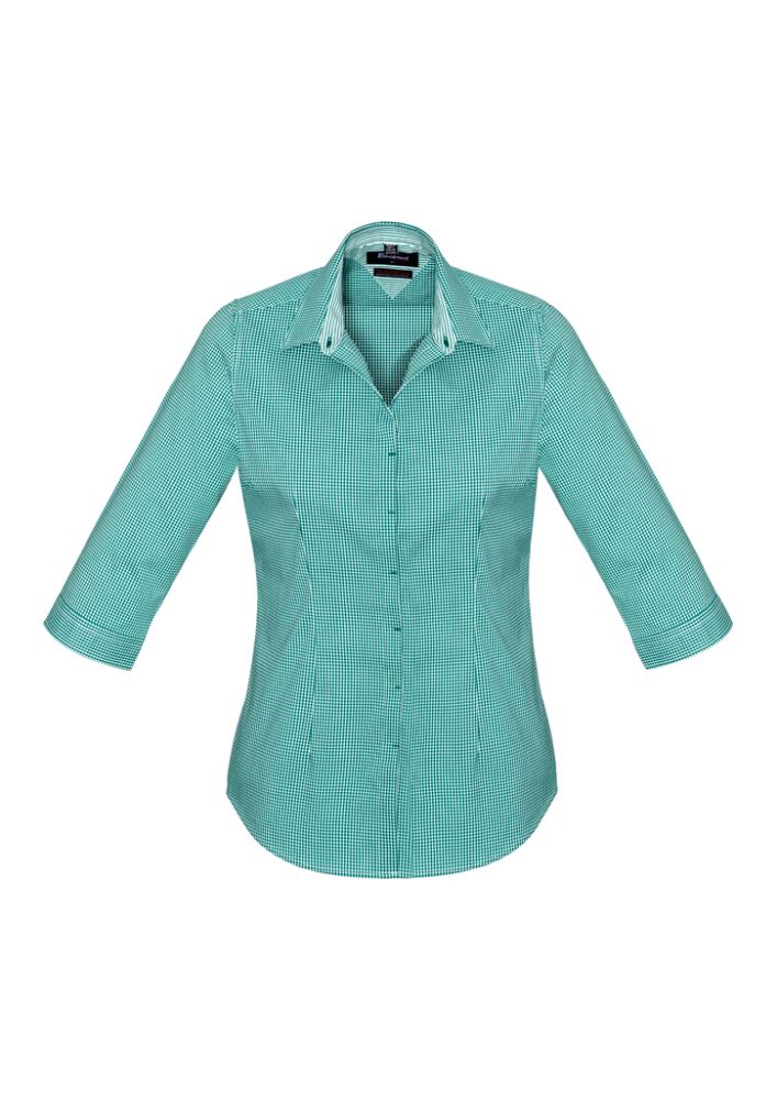 Eden Green 3/4 sleeve semi-fitted shirt for women, featuring a concealed button front and yarn-dyed check fabric from Biz Collection.