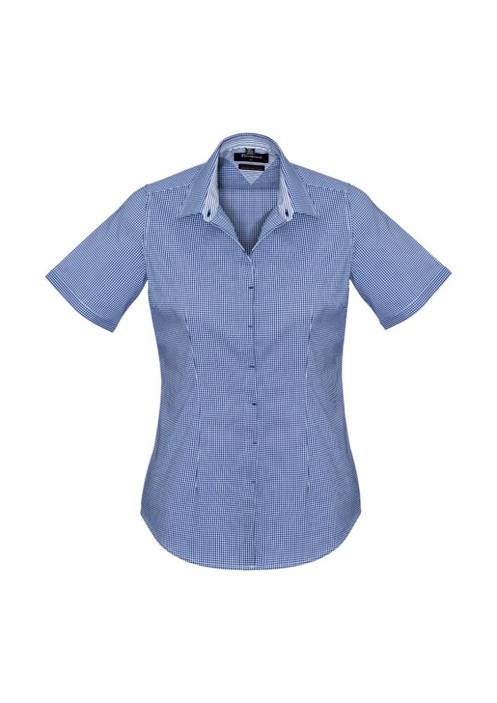 Newport Ladies Short Sleeve Shirt in French Navy, showcasing a stylish check pattern and comfortable stretch fabric.