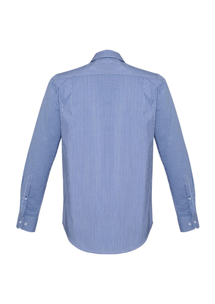 Newport men's long sleeve shirt in French Navy, featuring a yarn-dyed check, executive-fit, and soft textured fabric.