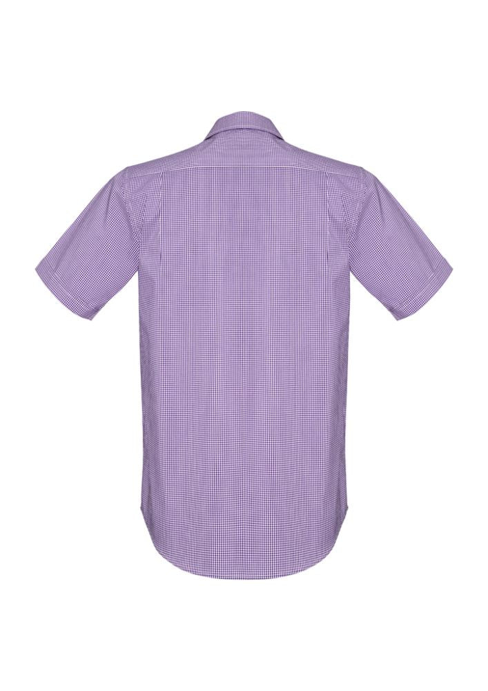 Men's purple short sleeve shirt featuring a check pattern, executive fit, and practical front pocket from Biz Collection.