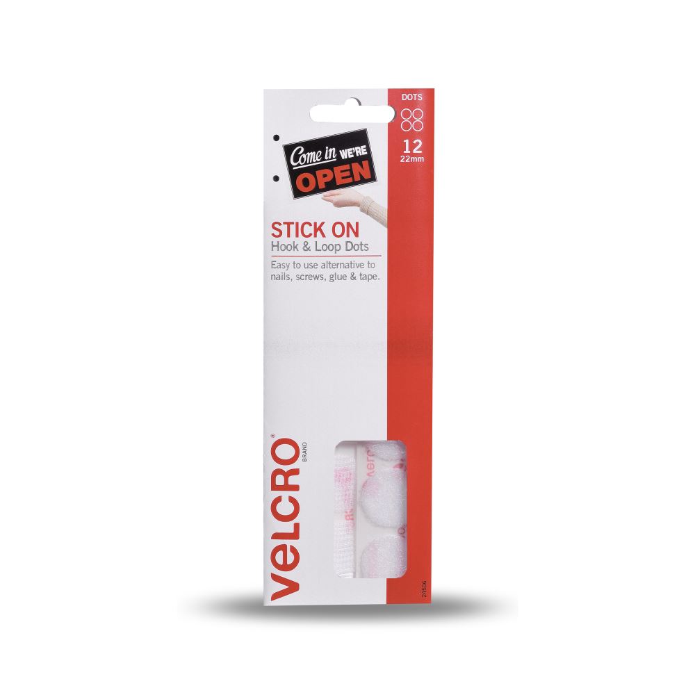 VELCRO® Brand Handydots Hook & Loop Fasteners in white, 22mm, perfect for organizing and mounting items without damage.