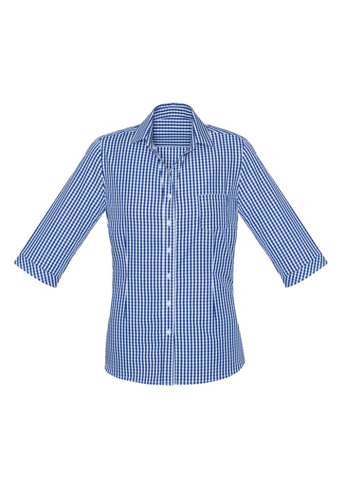 Springfield Ladies 3/4 Sleeve Shirt in French Navy, size 4, featuring a checked pattern, action back tucks, and front pocket.