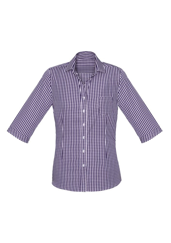 Springfield Ladies 3/4 Sleeve Shirt in Purple Reign, showcasing bold check design and semi-fitted style for professional wear.