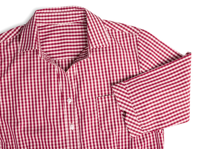 Springfield Ladies 3/4 Sleeve Shirt in Purple Reign, featuring a modern design, bold check pattern, and practical front pocket.