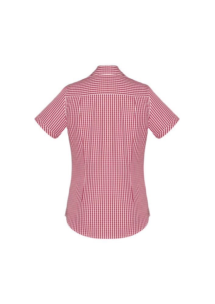 Springfield Ladies Short Sleeve Shirt in Cardinal, featuring a bold check pattern, action back, and semi-fitted style for comfort.