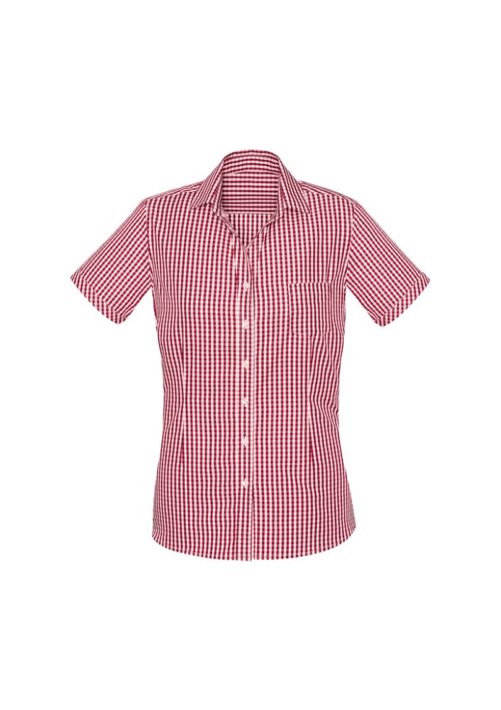 Springfield Ladies Short Sleeve Shirt in Cardinal with check pattern, open neck, action back, and front pocket for versatile style.