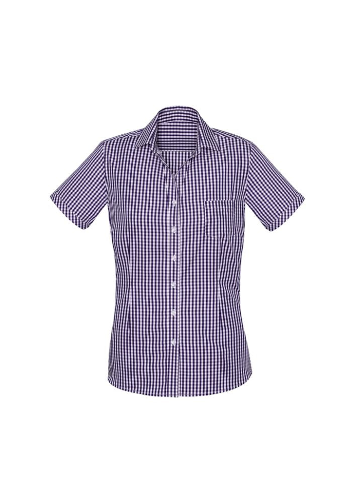 Vibrant purple short sleeve shirt for ladies with check pattern, featuring an open neck and functional front pocket.