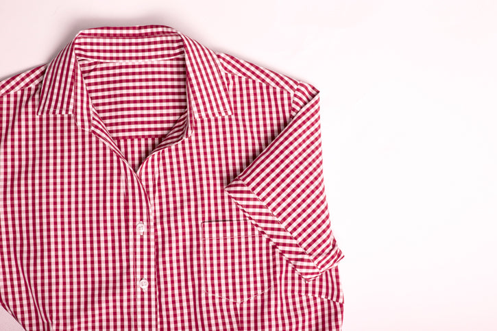 Red short sleeve shirt for women with yarn-dyed check, open 'Y' neck, and contrast cuffs, ideal for casual or professional wear.