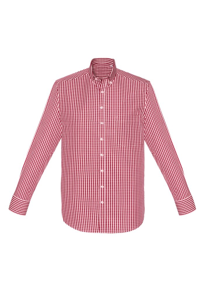 Springfield Men's Long Sleeve Shirt in Cardinal, featuring a yarn-dyed check pattern, classic collar, and practical front pocket.