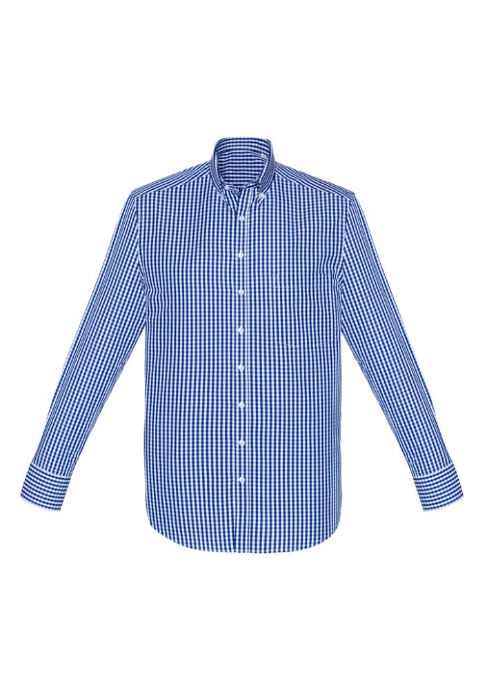 Springfield Men's Long Sleeve Shirt in French Navy with check pattern, tailored fit, cotton fabric, and practical front pocket.
