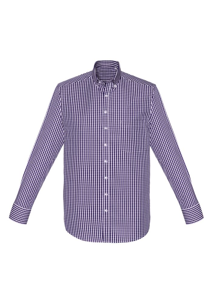 Springfield Men's Long Sleeve Shirt in Purple Reign, featuring 100% cotton, executive-fit, yarn-dyed check, and front pocket.