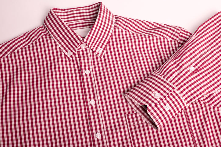 Red checkered long sleeve shirt for men, featuring a classic collar and front pocket, designed for comfort and style.