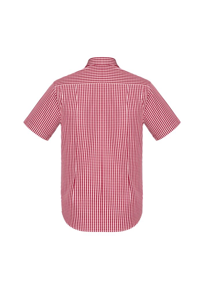 Men's short sleeve shirt in cardinal red with a yarn-dyed check pattern, crafted from 100% cotton for comfort and style.