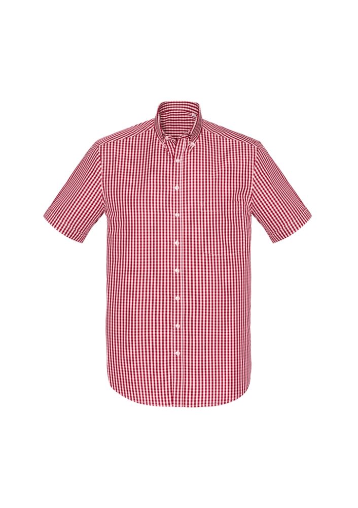 Springfield Men's Cardinal Short Sleeve Shirt in 100% cotton, featuring a check pattern, button collar, and action back design.