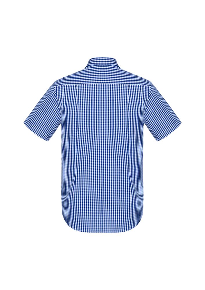 Springfield Men's Short Sleeve Shirt in French Navy, 5XL, featuring a yarn-dyed check, button collar, and easy-care cotton fabric.