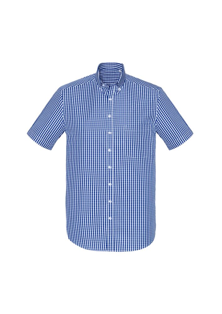Springfield Men's Short Sleeve Shirt in French Navy, featuring a bold check pattern, button-down collar, and action back tucks.