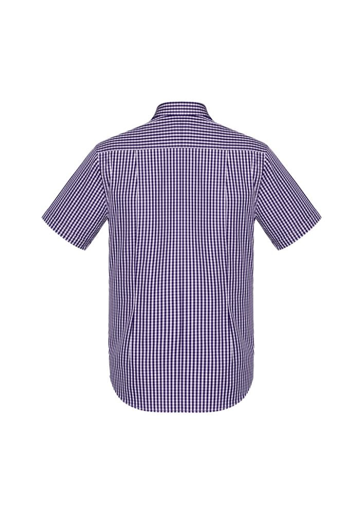 Short sleeve purple shirt for men, featuring bold checks, button collar, front pocket, and executive fit by Biz Collection.
