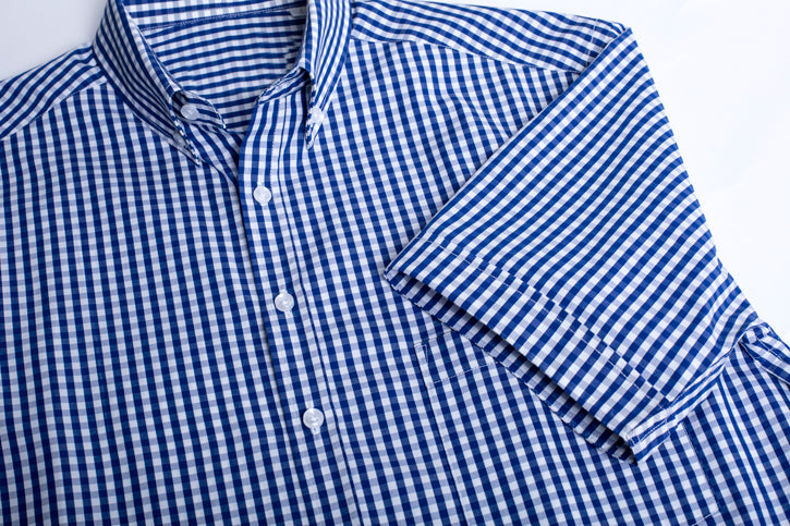 Springfield Men's Short Sleeve Shirt in French Navy, 100% cotton, executive fit, bold check pattern, button-down collar.