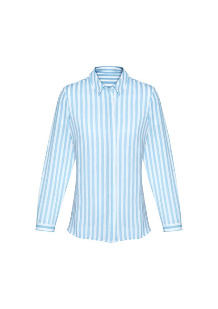 Verona Ladies Long Sleeve Shirt in Alaskan Blue, a semi-fitted polyester shirt with stylish drape and concealed buttons.